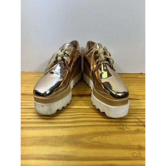 Metallic Rose Gold Platform Oxford Shoes Size 7.5 Lug Sole Chunky Lace-Up - Picture 1 of 8